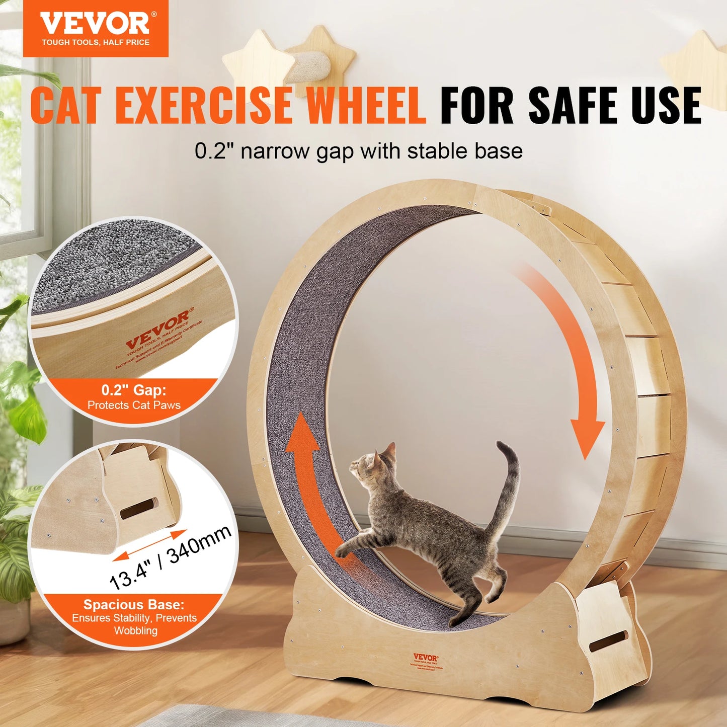VEVOR Cat Exercise Wheel Natural Wood Silent Running Toy Treadmill Roller Wheel with Detachable Carpet for Most Cats Pet Fitness