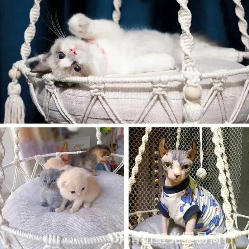 New Pet Hammock Cat Swing Hand Woven Cotton Rope Cats Hanging Basket