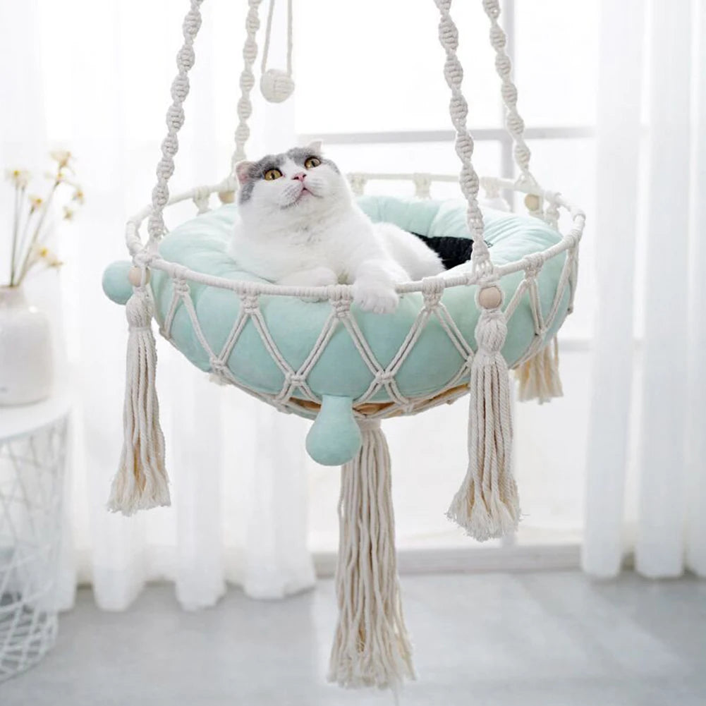 （Without cushion）Hanging Cat Hammock Bed, Cat  Boho Handwoven Round Cat Swing Bed Funny Cat Toy Gifts For Indoor Cats Kittens