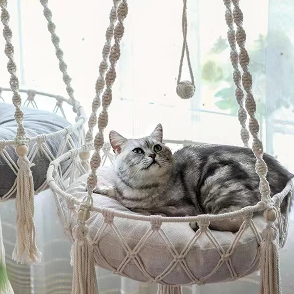 （Without cushion）Hanging Cat Hammock Bed, Cat  Boho Handwoven Round Cat Swing Bed Funny Cat Toy Gifts For Indoor Cats Kittens