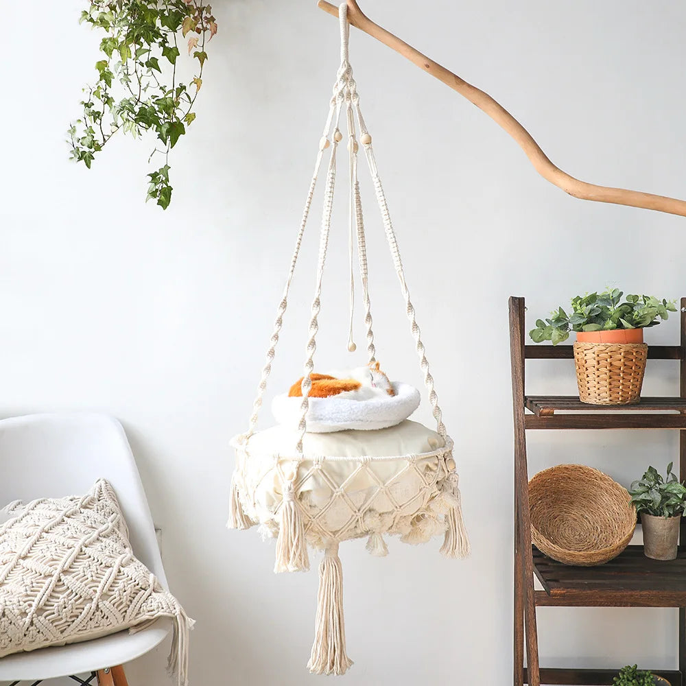 Large Macrame Cat Hammock Macrame Hanging Swing Cat Dog Bed Basket Home Pet Cat Accessories Dog Cat's House Puppy Bed Gift