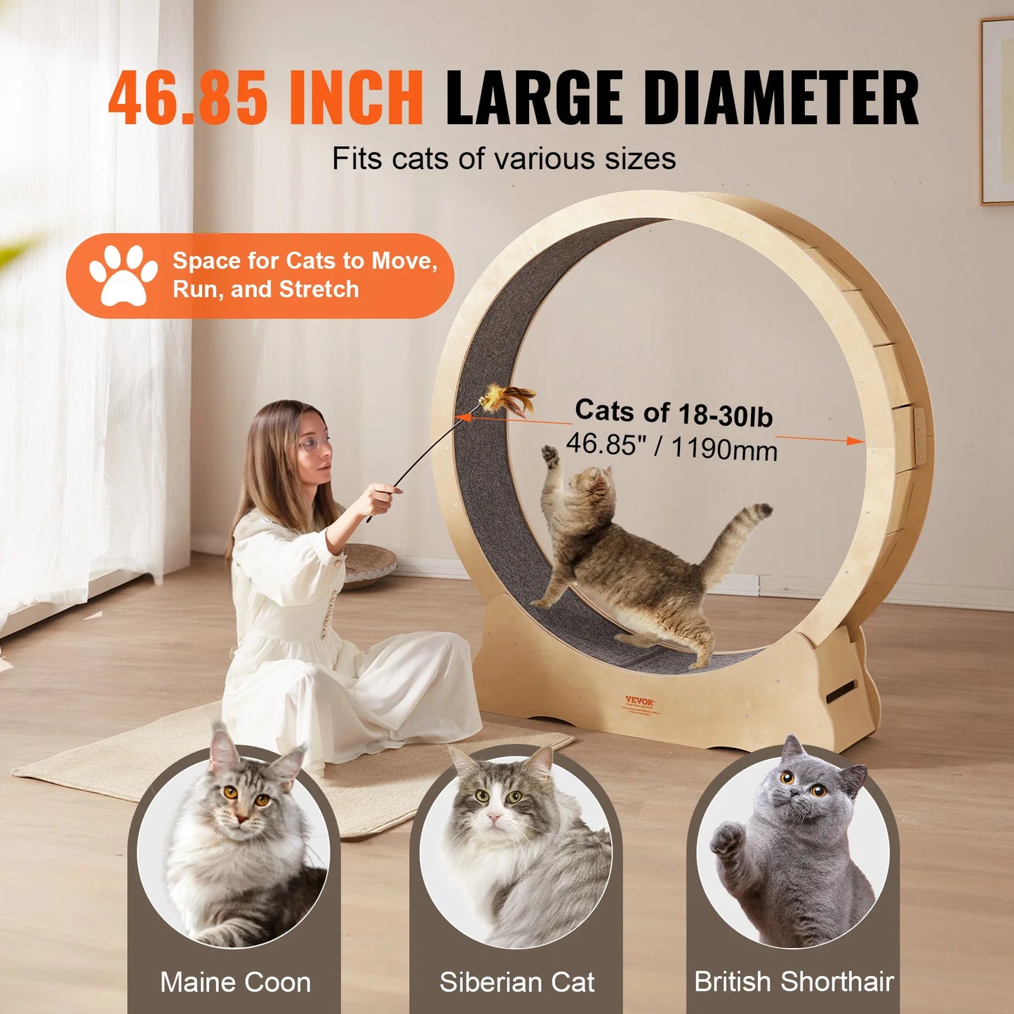 VEVOR Cat Exercise Wheel Natural Wood Silent Running Toy Treadmill Roller Wheel with Detachable Carpet for Most Cats Pet Fitness