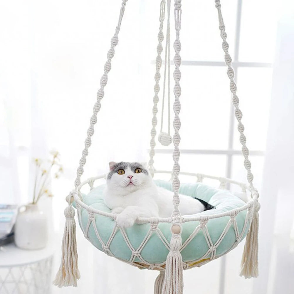 （Without cushion）Hanging Cat Hammock Bed, Cat  Boho Handwoven Round Cat Swing Bed Funny Cat Toy Gifts For Indoor Cats Kittens