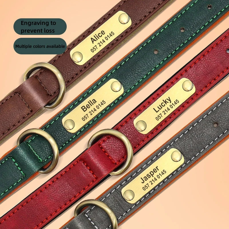 Customized Leather ID Nameplate Dog Collar Soft Padded Dogs Collars Free Engraving Name for Small Medium Large Dogs Adjustable