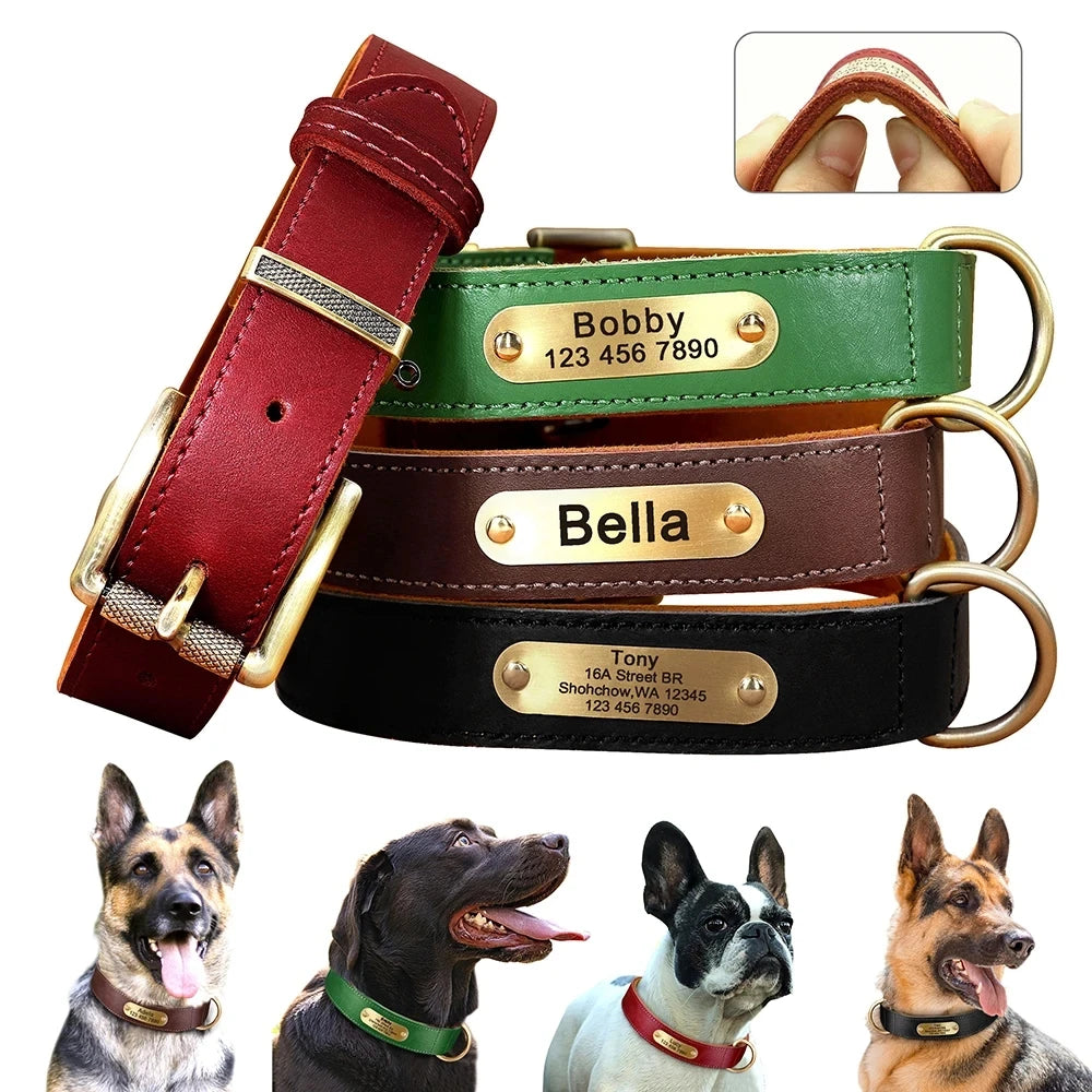 Customized Leather ID Nameplate Dog Collar Soft Padded Dogs Collars Free Engraving Name for Small Medium Large Dogs Adjustable