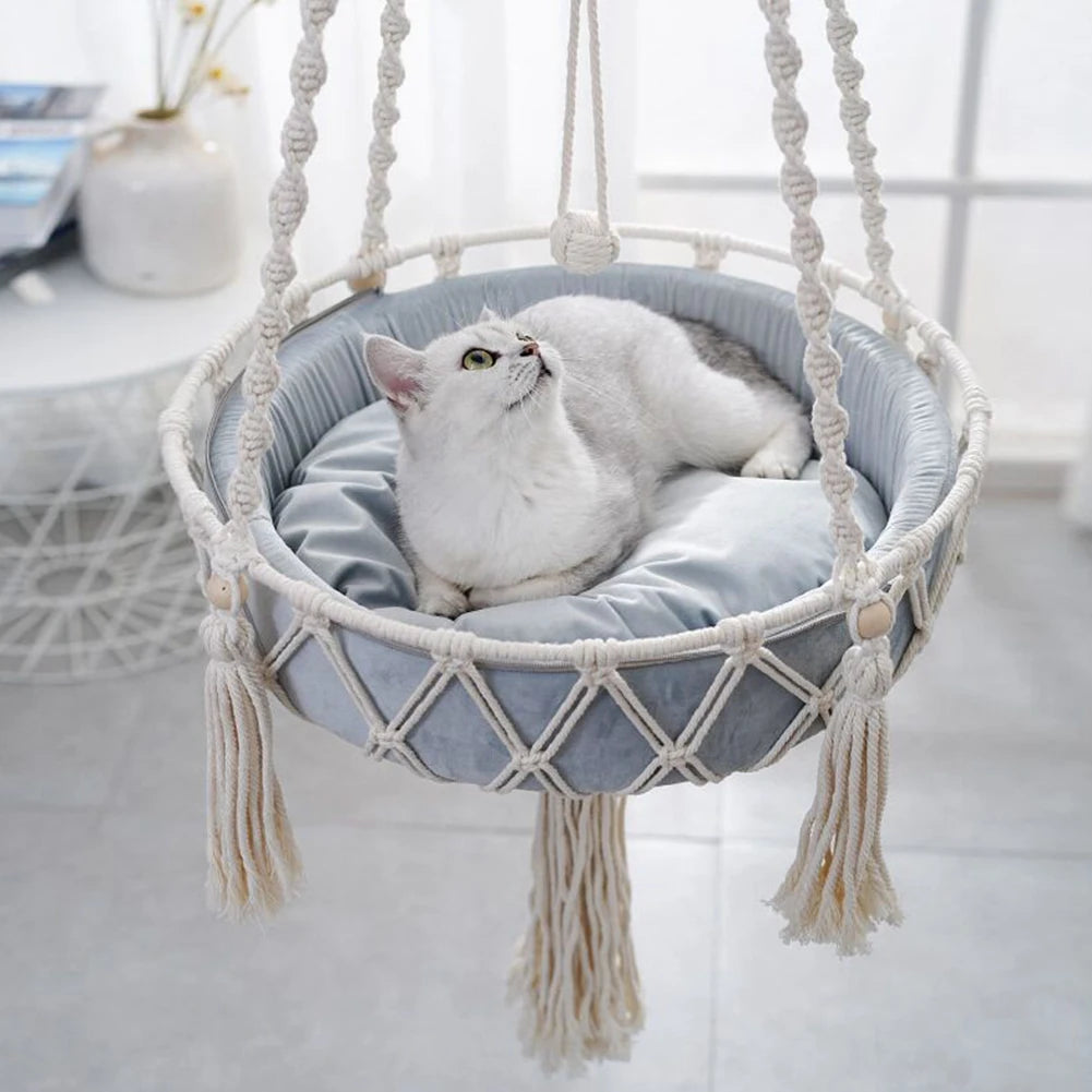 （Without cushion）Hanging Cat Hammock Bed, Cat  Boho Handwoven Round Cat Swing Bed Funny Cat Toy Gifts For Indoor Cats Kittens