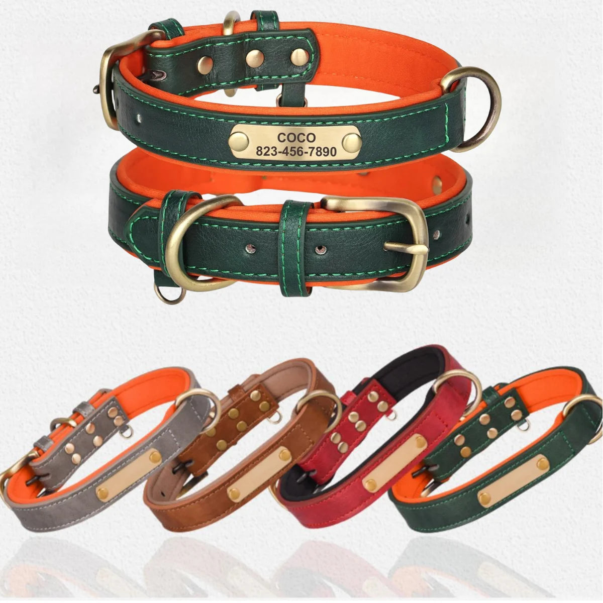 Customized Leather ID Nameplate Dog Collar Soft Padded Dogs Collars Free Engraving Name for Small Medium Large Dogs Adjustable