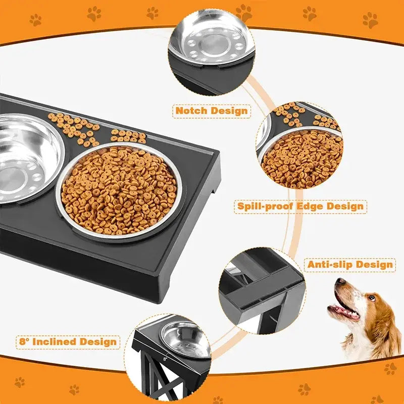 Dog Double Elevated Bowls Stand 3 Adjustable Height Pet Slow Feeding Dish Bowl Medium Big Dog Elevated Food Water Feeders Table